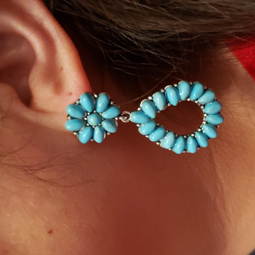 (B) Turquoise Floral Earrings Boho Western Cowgirl Rodeo Vaqueros - Picture 9 of 10